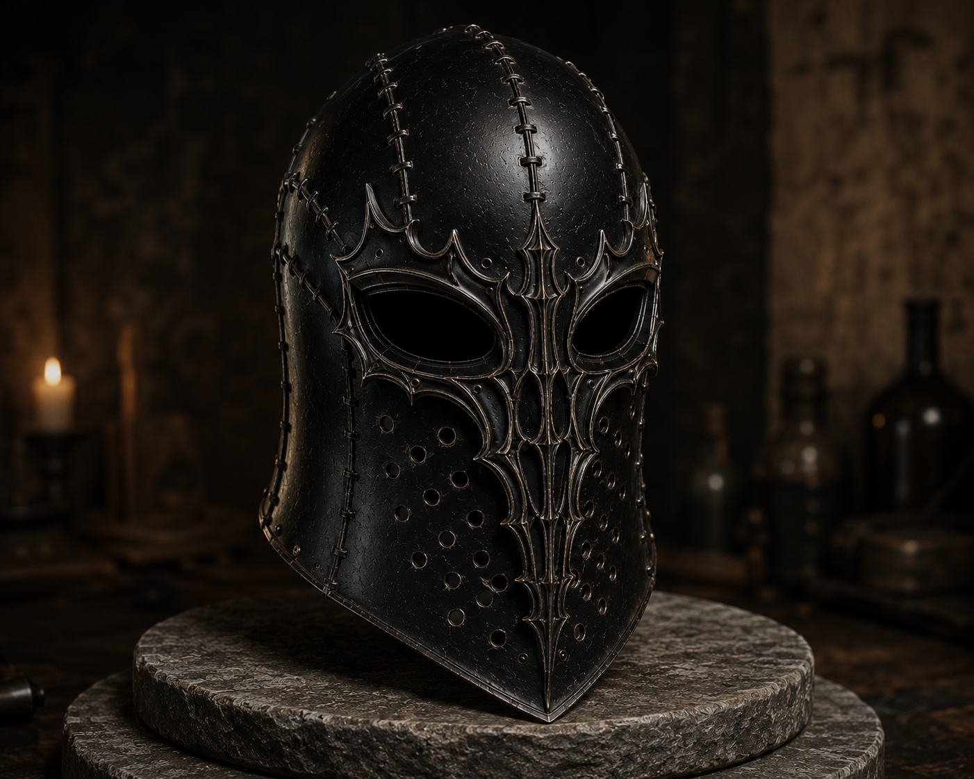 Front view of The Black Vesper full-head helmet