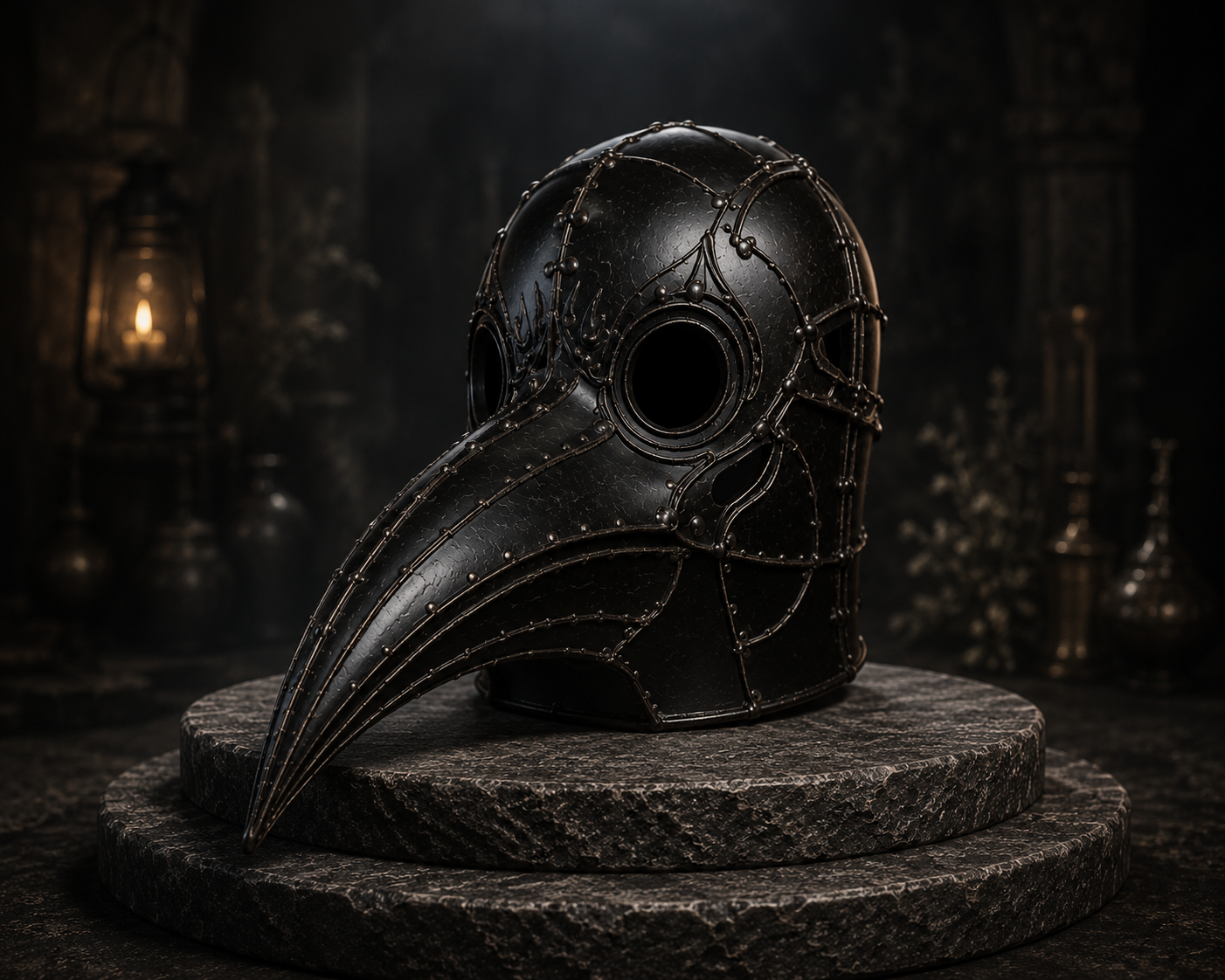 Front view of The Hollow Apostle plague doctor helmet