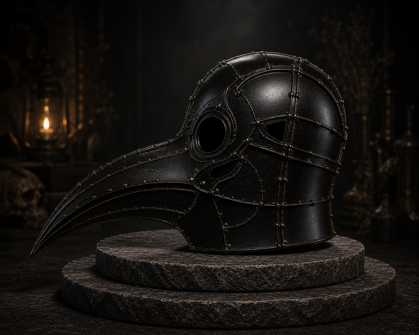 Side view of The Hollow Apostle plague doctor helmet
