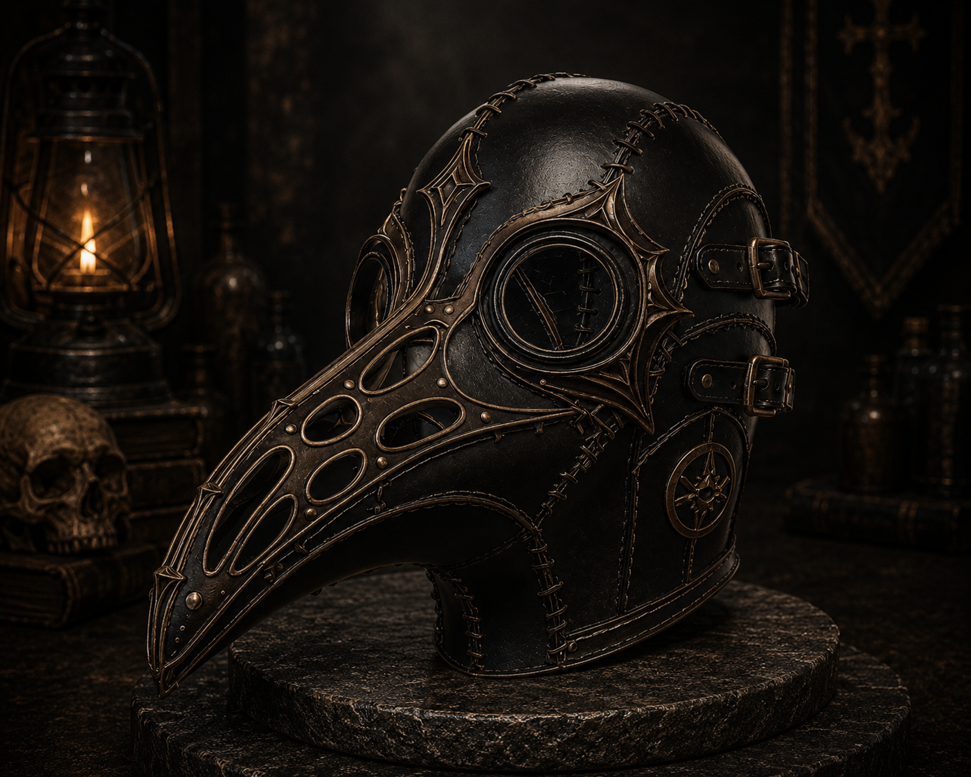 Front view of The Iron Heron plague doctor helmet