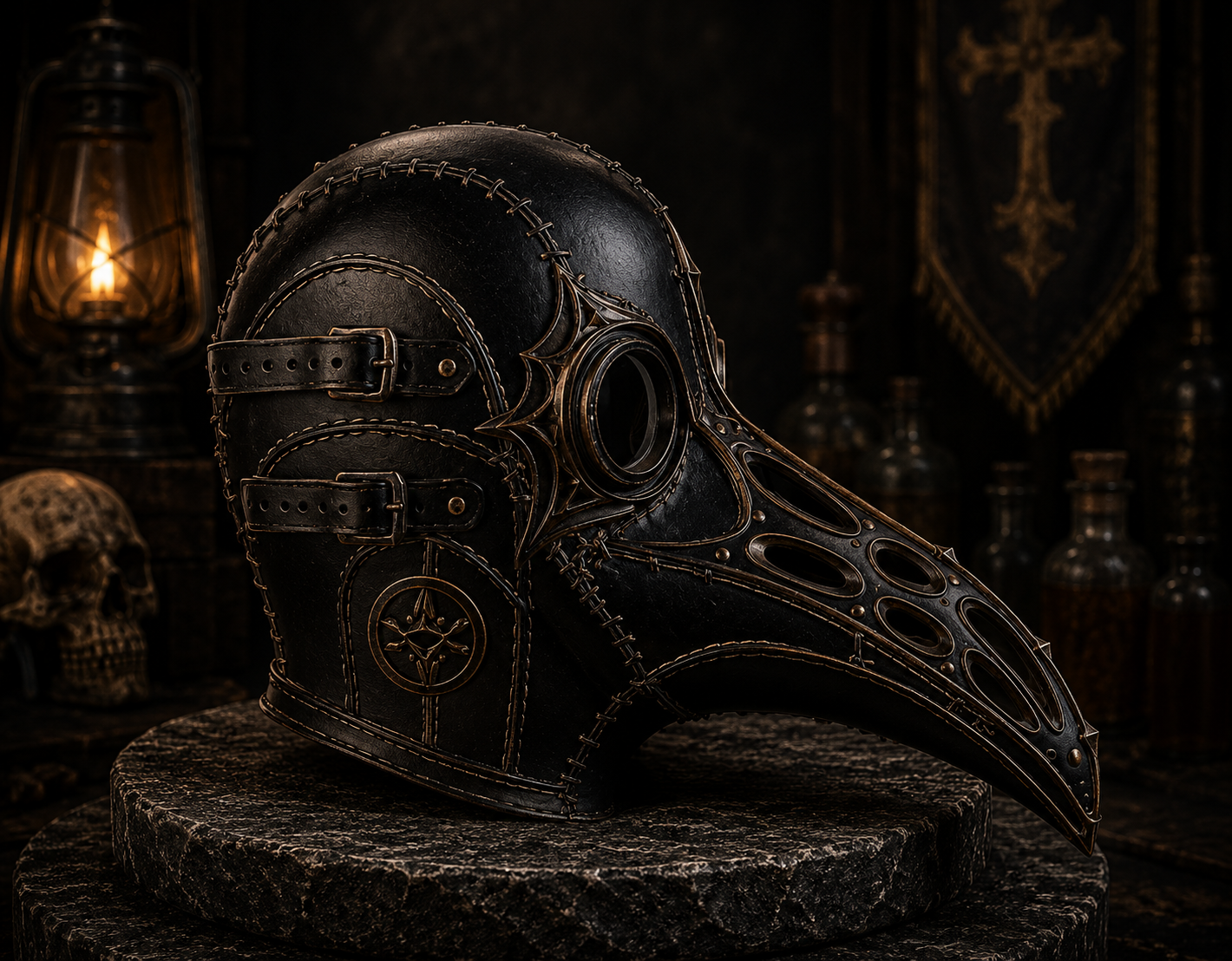 Side view of The Iron Heron plague doctor helmet