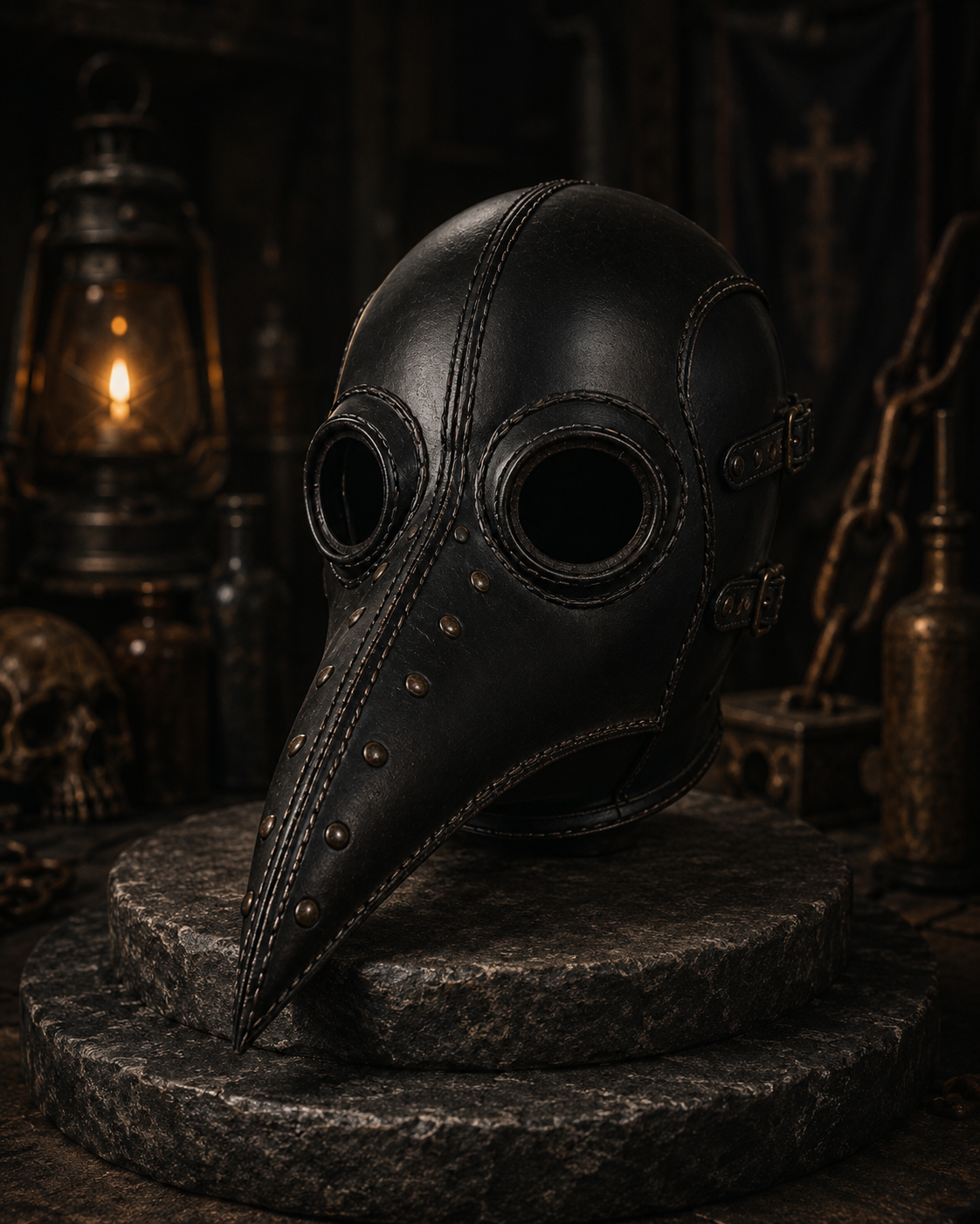 Front view of The Raven's Veil plague doctor helmet