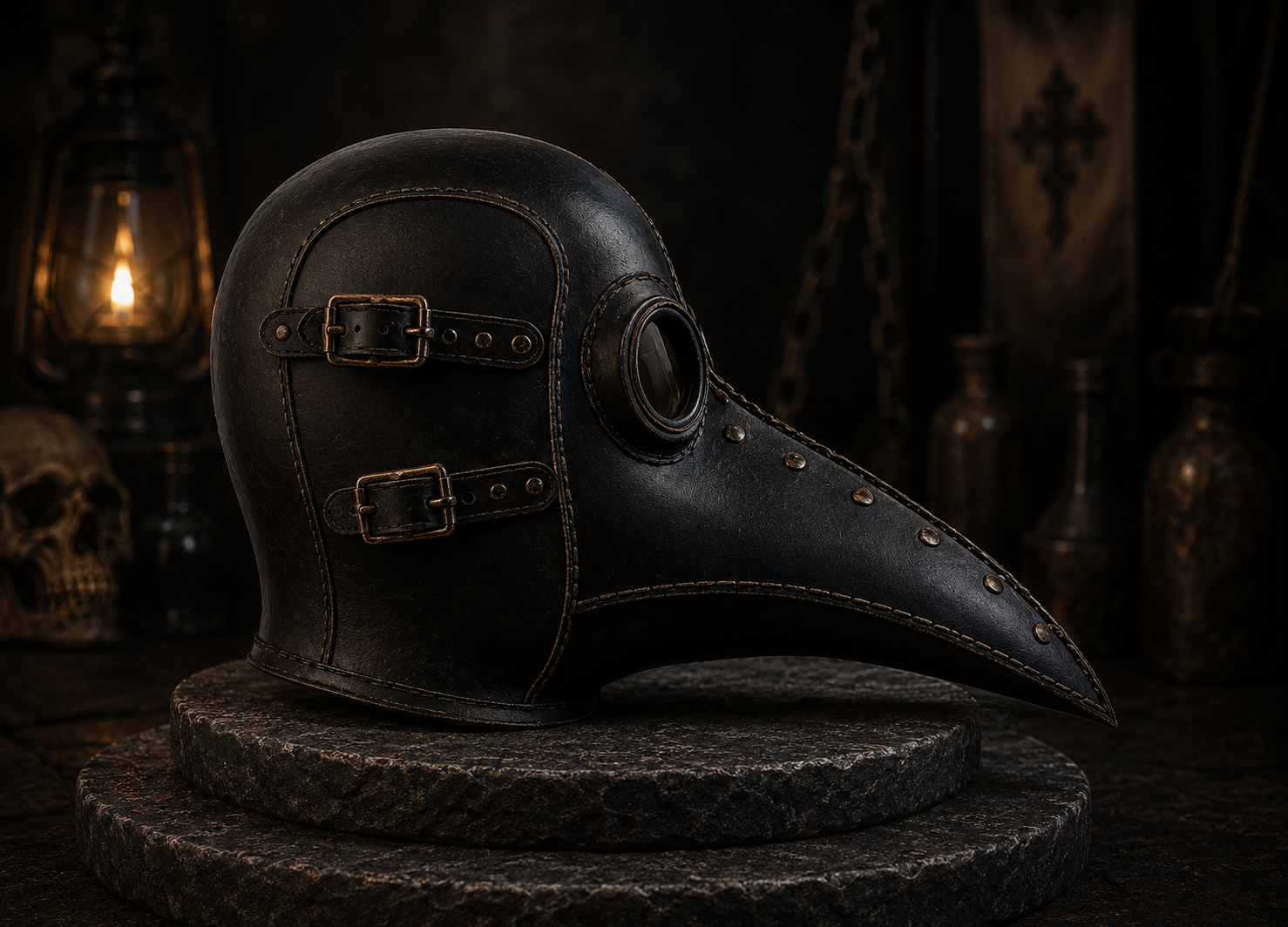 Side view of The Raven's Veil plague doctor helmet