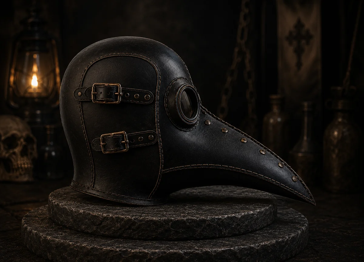 Side view of The Raven's Veil plague doctor helmet