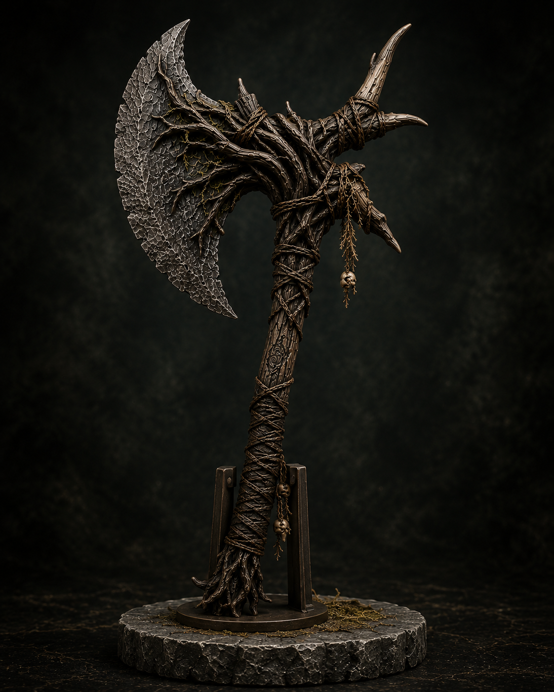 Front view of Wyrdroot druidic battle axe