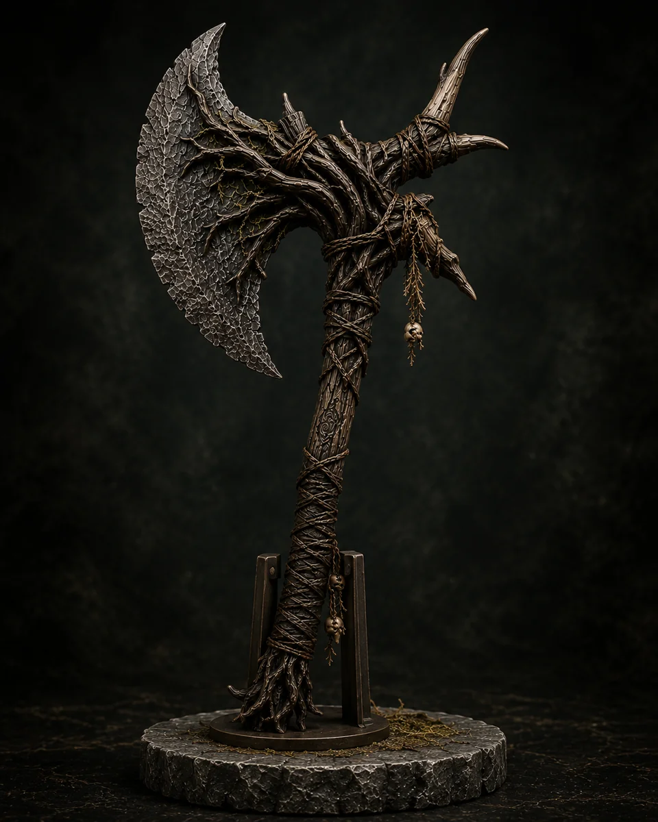 Front view of Wyrdroot druidic battle axe